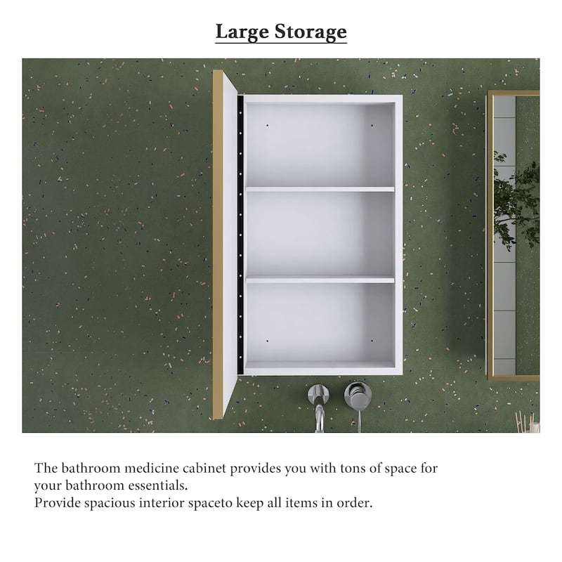 16" x 28" Wall Mounted Gold Framed Storage Bathroom Medicine Cabinet with Mirror - 16" x 28"