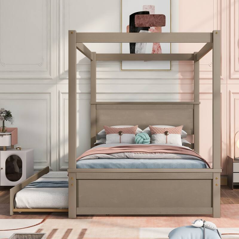 Full Size Canopy Platform Bed with Trundle, Solid Wood Frame, Support Slats Included