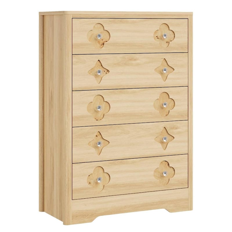 Fluted 5 Drawer Tall Dresser for Bedroom, Living Room, Hallway - Natural