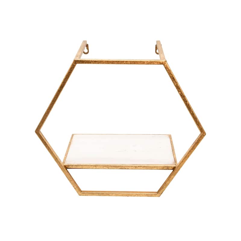 Set of 3 Gold and Ivory Wooden Hexagon Wall Shelves 16"