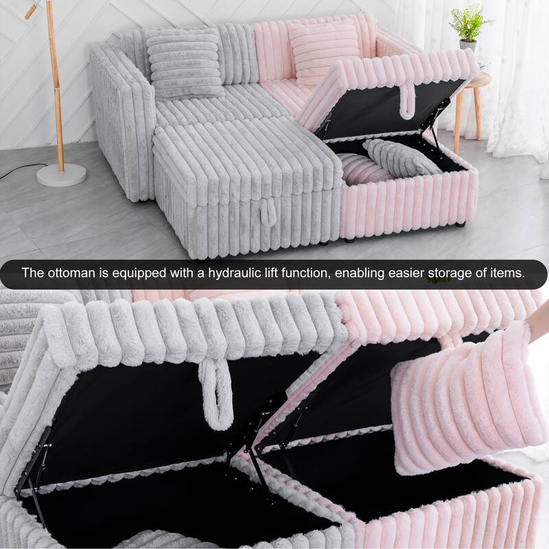 106.3" Soft U-shaped 6-Person Sofa with 30.7" Hydraulic Lift Ottoman, Light Pink, Modular Design