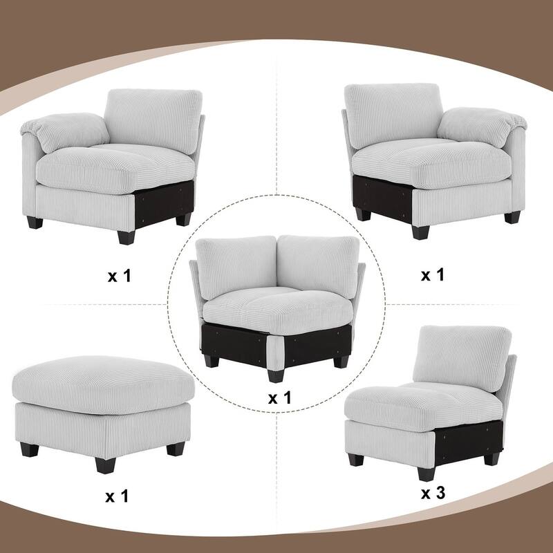 Multi-Seater Corduroy Sectional Sofa, Modular Settee, Included Removable Ottomans