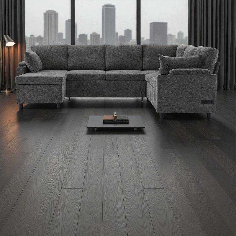 109.9" U-Shaped Convertible Sectional Sofa Bed with Storage Chaise Cup Holders Power Outlets USB Ports Chenille Couch