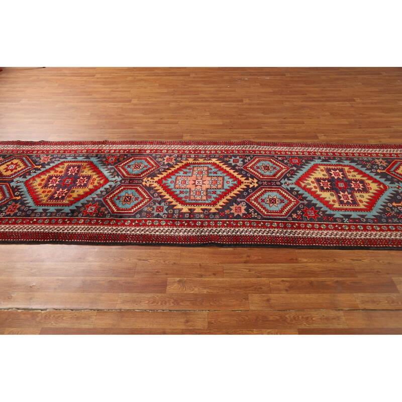 Navy Blue Ardebil Persian Vintage Runner Rug Handmade Wool Carpet - 3'5"x 10'5"