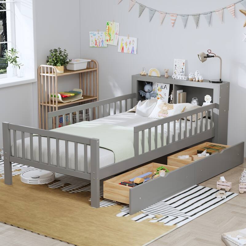 Bed with Headboard Storage Rack, Two Under-Bed Drawers, Three-Side Guardrails for Safety and Security