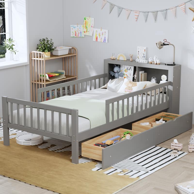 Twin Size Bed with Headboard Storage, Under-Bed Drawers & Safety Guardrails,Gray