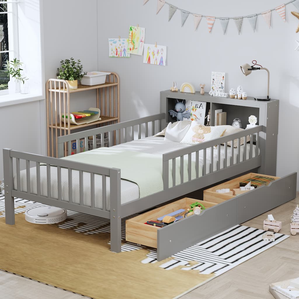 Twin Size Storage Bed with Bookcase Headboard, 2 Under-Bed Drawers, and Guardrails