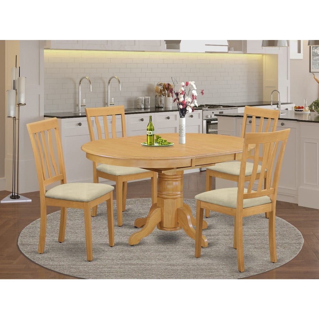 HomeStock 5-Pc Oval Natural Oak Finish Solid Wood Top Dining table with 4 Linen Fabric Seat Chairs with Slat Back, Seats 4