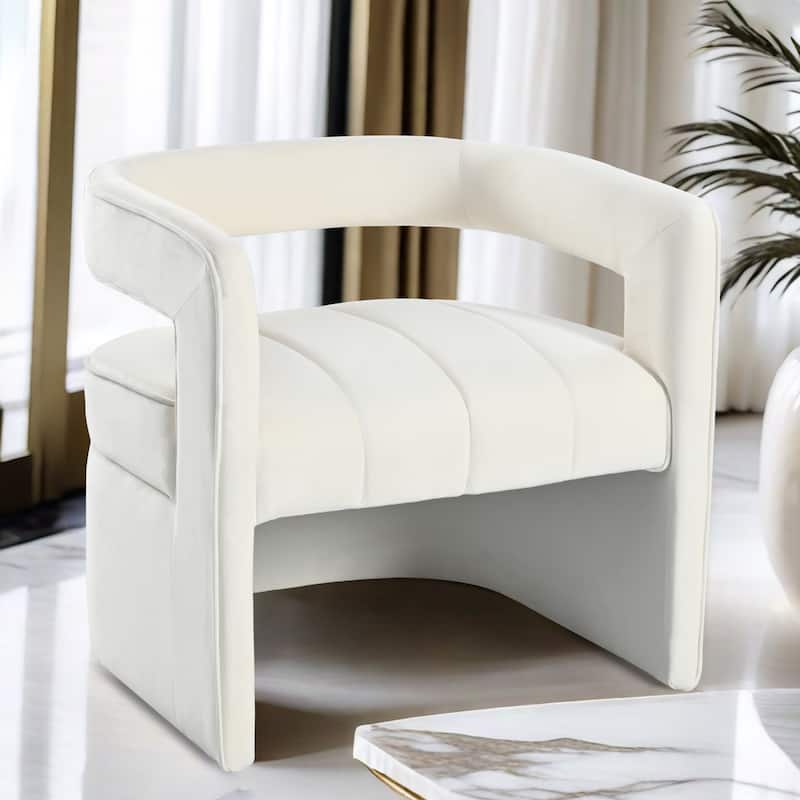 Ivory White Modern 24.25" Upholstered Velvet Accent Chair with Ribbed Detail and Luxury Curved Fully