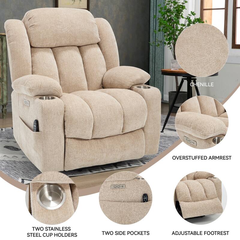 Roomfitters Heavy Duty Power Lift Recliner, Chenille Massage Chair with USB-C Charging and Stainless Cup Holders