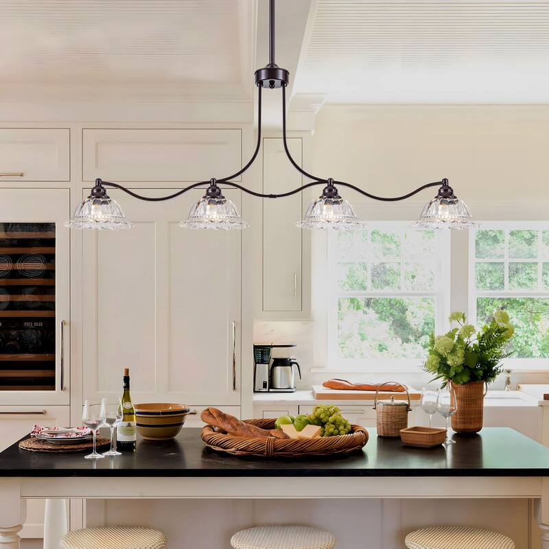 Starsky 4-Light Unique Flower-Shaped Crystal Glass Unique Oil Rubbed Bronze Kitchen Island Pendant