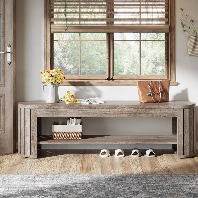 Wooden Entryway Bench, 63" 2-Tier Narrow Shoe Bench