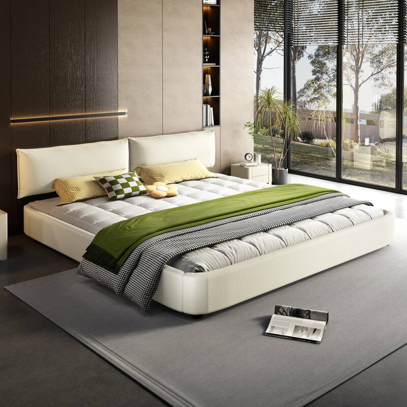 King Size Cloud Bed Frame with Oversized Padded Movable Headboard, Chenille Upholstered Bed with Round Corner