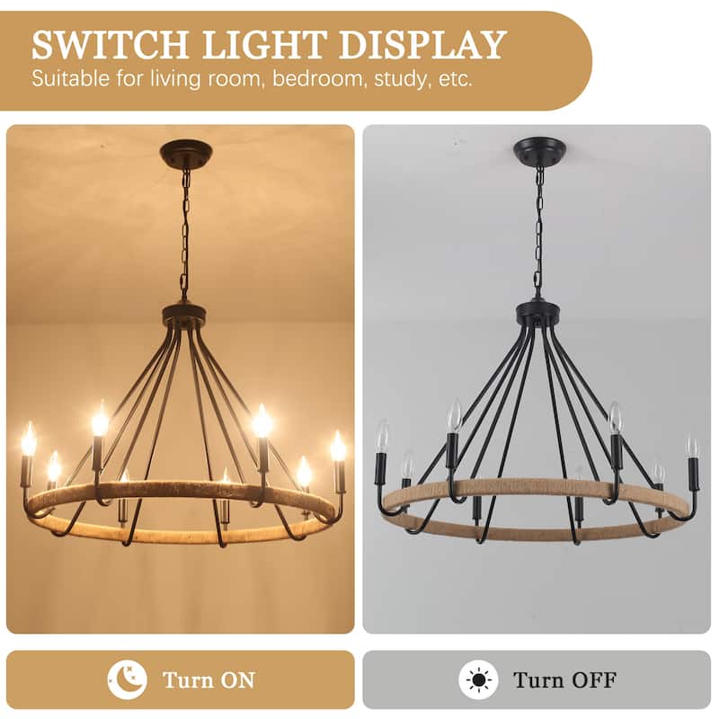 8-Light Hanging Candlestick Wagon Wheel Chandelier Hemp Rope Linear Chandelier Lighting for Kitchen Island