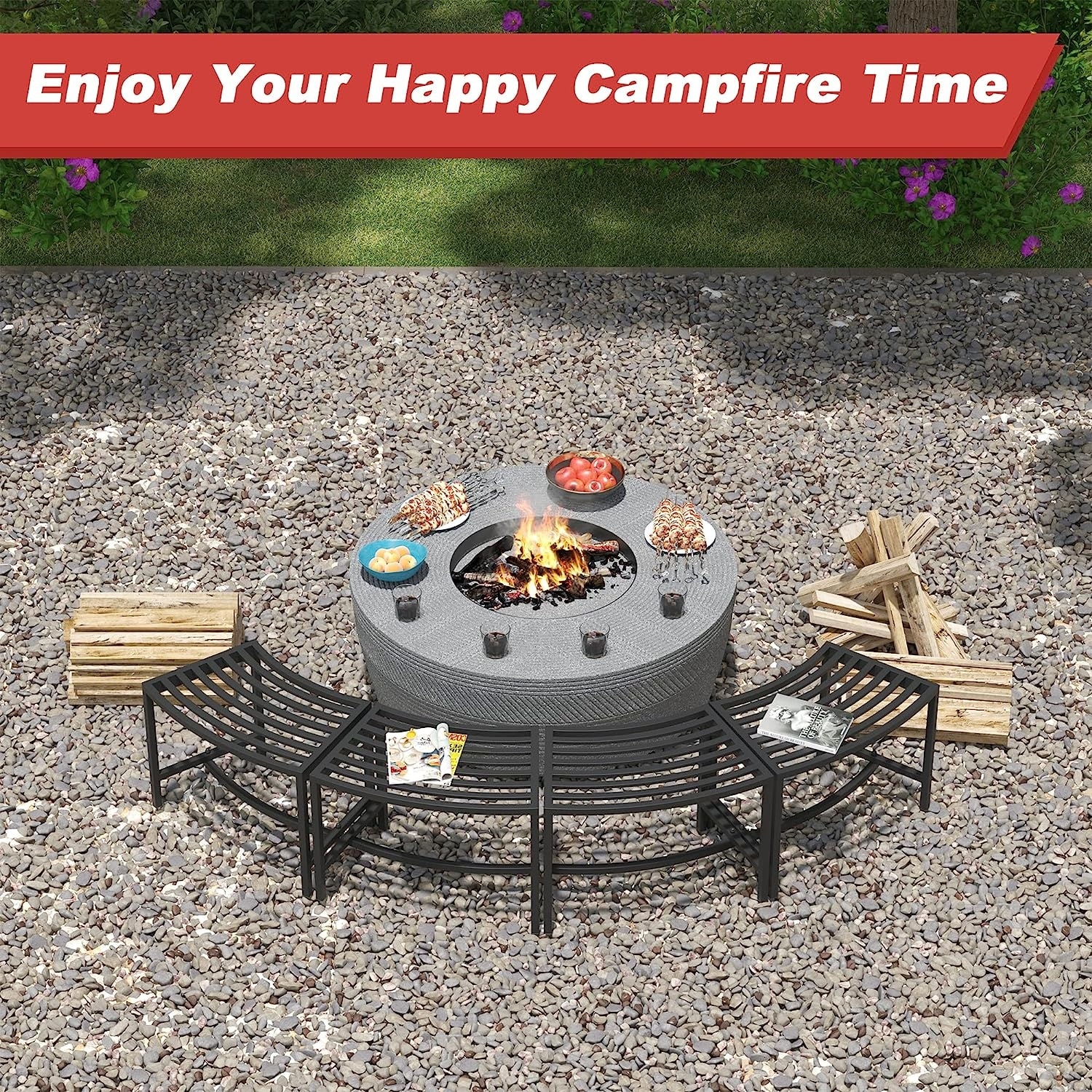 Curved Fire Pit Bench Set of 4,Metal Outside Bench Fire Pit Seating