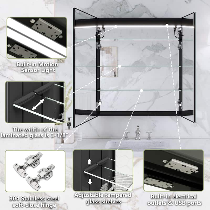 Rectangular Aluminum Recessed/Surface Mount Frameless Anti-Fog Medicine Cabinet with Dimmable LED Lights