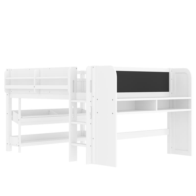 Low Solid Wood Loft Bed with Bookcase, Desk, Drawers and Storage Boxes