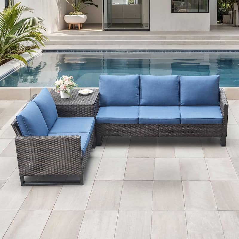 Gymojoy 5 Person All-Weather Wicker Outdoor Patio Sofa Set With Cushions - Brown Wicker / Blue Cusion - 3-Piece