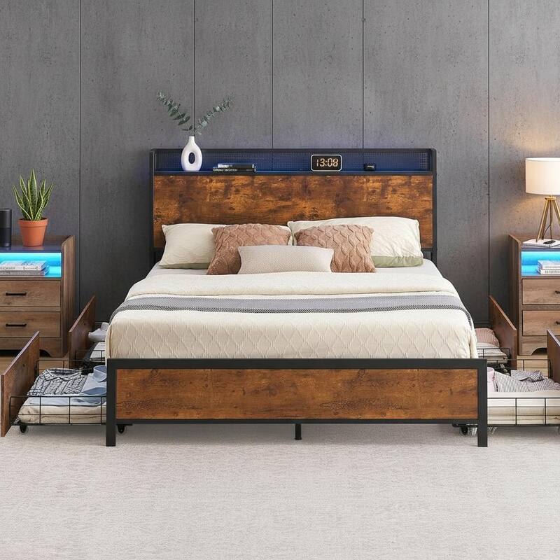 Bed Frame, with RGB LED Light and 4 Storage Drawers - Full