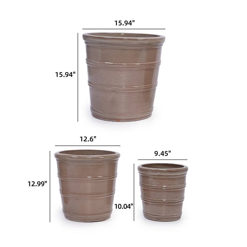 Handmade Glazed Ceramic Planter Set of 3, 16/13/10 Inch Diameter, Horizontal Rib Design