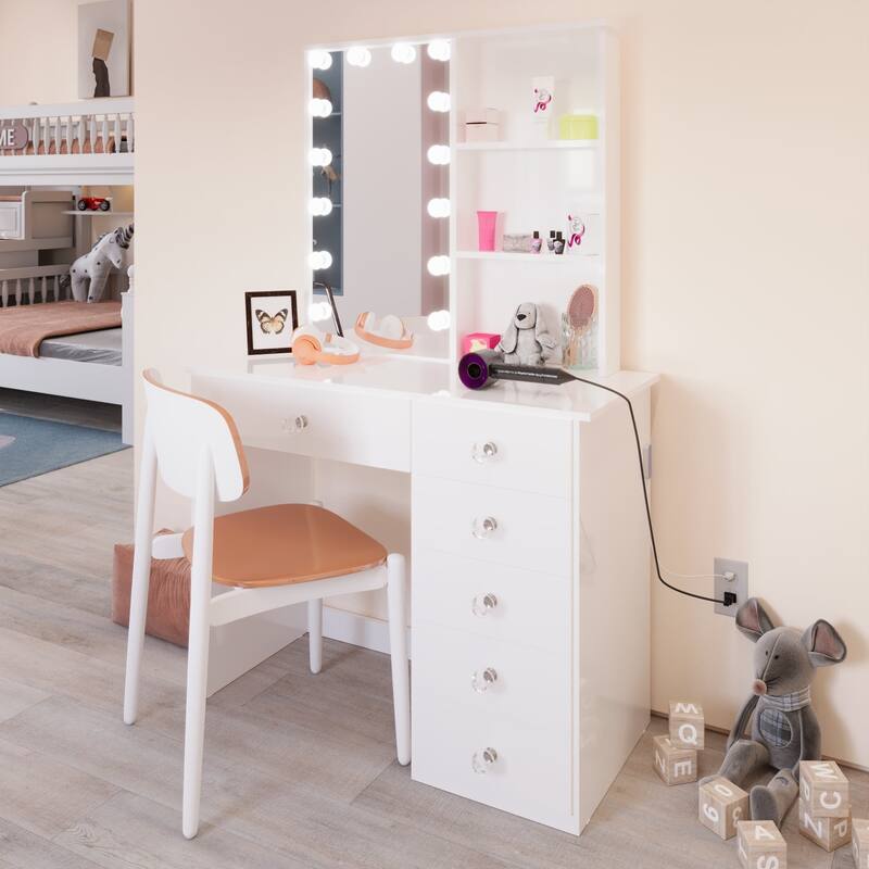 Boahaus Xanthe Kids Vanity Desk with Mirror, Add-On Lights & Storage Drawers