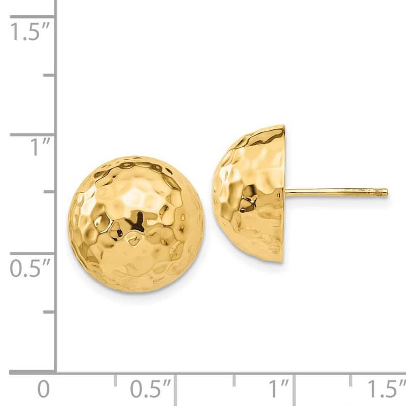 Curata 14k Yellow Gold Hollow Polished Hammered Half Ball Post Earrings - 15x15mm