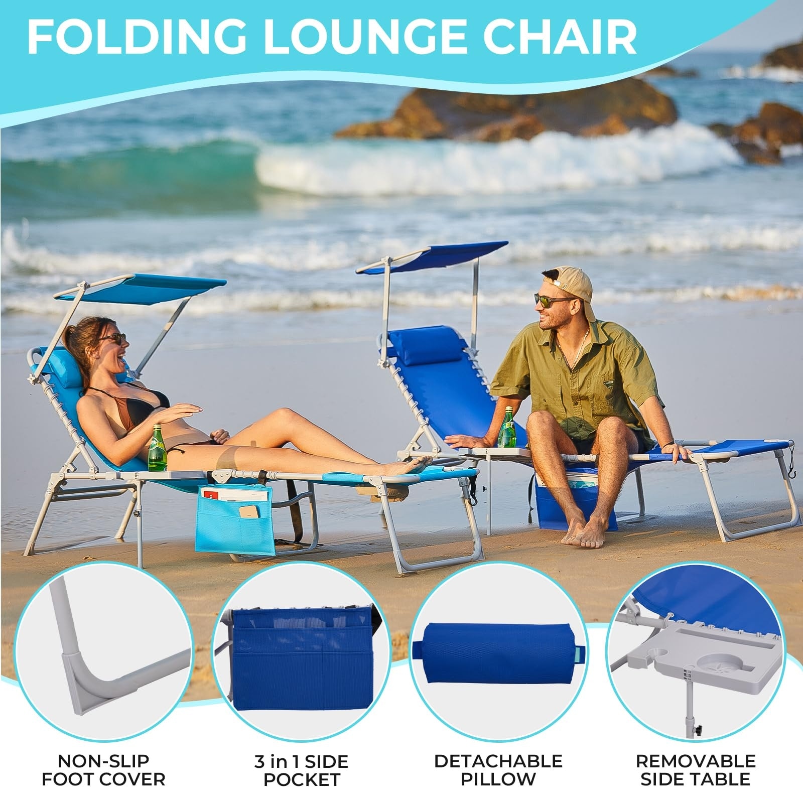 Tanning Chair with Face Hole Folding Patio Chaise Lounge Chair with Backrest Canopy Shade Side Table for Reading Beach Camping Bed Bath Beyond 40870564