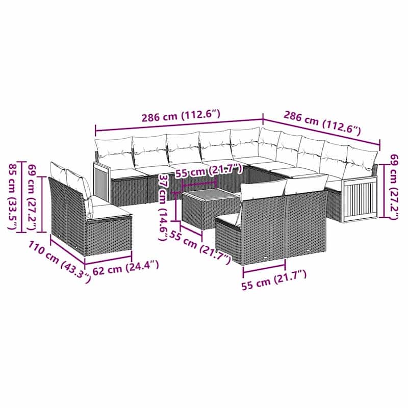 vidaXL Patio Sofa Set with Cushions Outdoor Conversation Furniture Poly Rattan