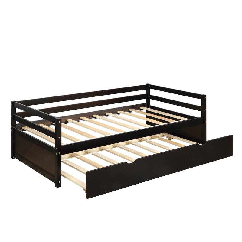 Twin Size Espresso Daybed with Pull-Out Trundle, No Box Spring Needed, Sturdy Wood Construction
