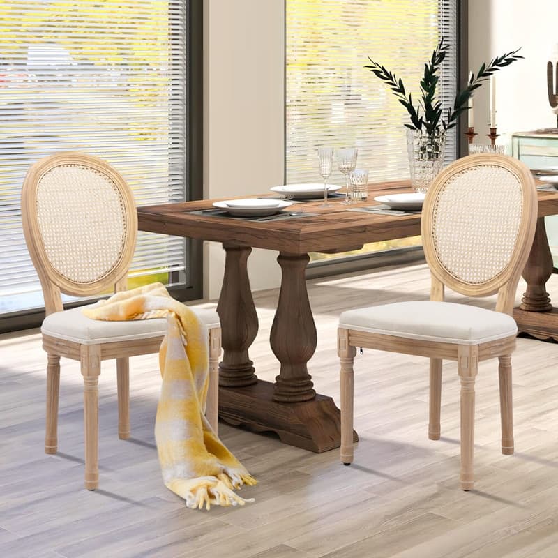 French Chair Dining Chair Solid Wood with Nailhead Trim Set of 2 - Beige Fabric