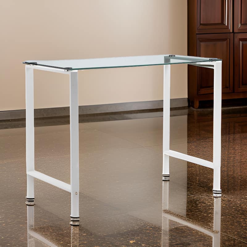 Elen 47 Inch Desk, Rectangular Tempered Glass, White Powder Coated Metal