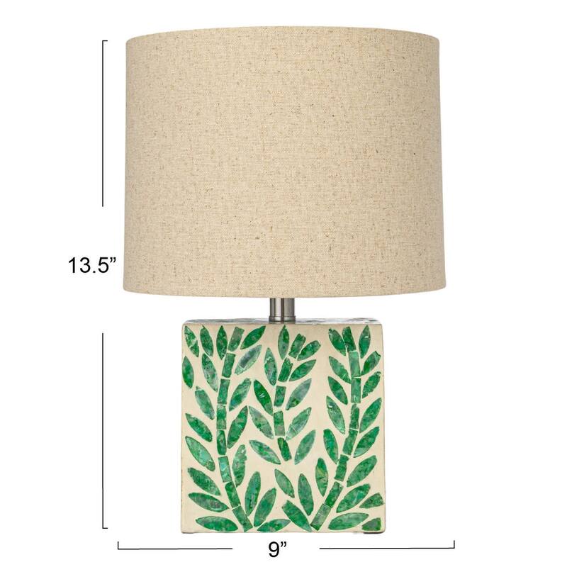 Reclaimed Wood and Shell Botanical Table Lamp with Linen Shade - 9.1"L x 9.1"W x 13.6"H