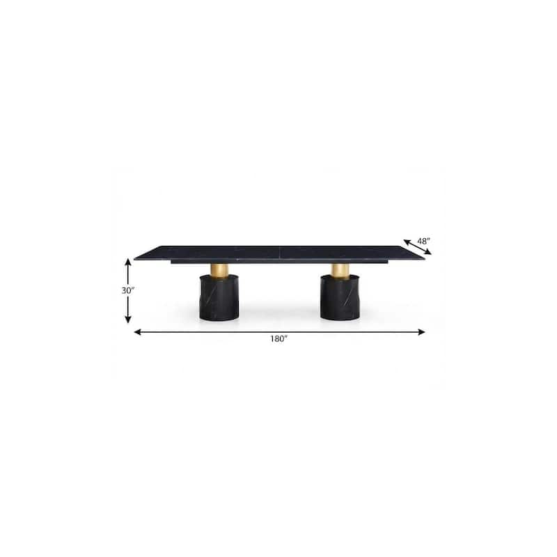 HomeRoots 180" Black and Gold Marble and Steel Double Pedestal Base Dining Table - 180.00 in. x 30.00 in. x 48.00 in.