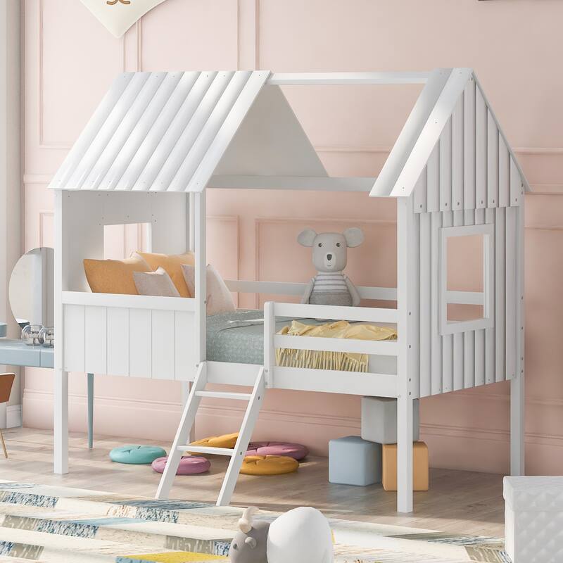 Kids Twin Size Low Loft House Bed with Windows and Roof, Durable Pine Wood Frame, Semi-Enclosed Design for Better Sleep