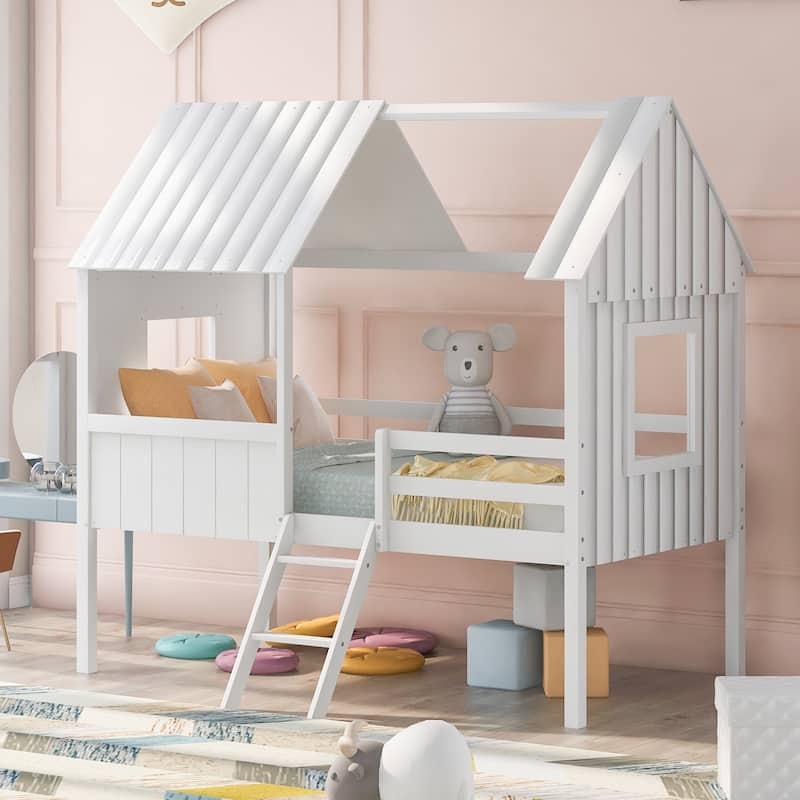 Playhouse Twin Low Loft Bed with Roof and Windows, Wooden Frame