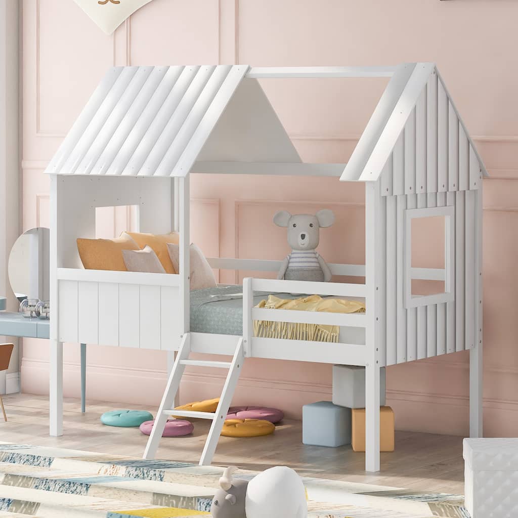 Twin Size Low Loft Bed House Bed with Roof, Side Windows, Ladder and Safety Guardrail, Playhouse Bed with Wood Frame for Kids