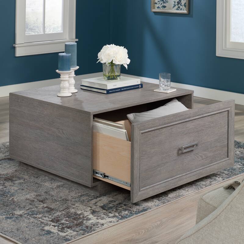 Gray Minimalist Side Table with Drawer and Open Shelf for Living Room Family Room