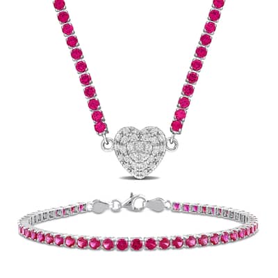 Miadora 19 1/3ct TGW Created Ruby Created White Sapphire Necklace Bracelet Set in Sterling Silver