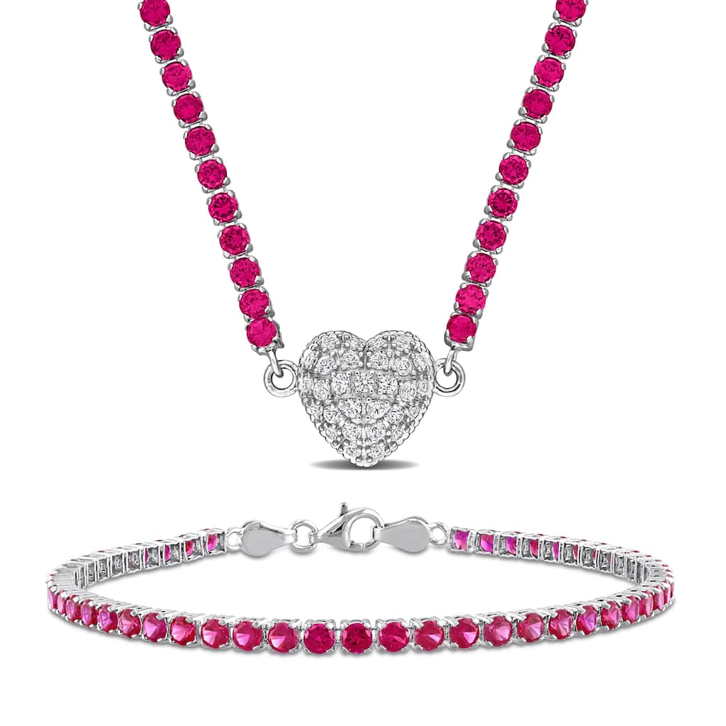 Miadora 19 1/3ct TGW Created Ruby Created White Sapphire Necklace Bracelet Set in Sterling Silver