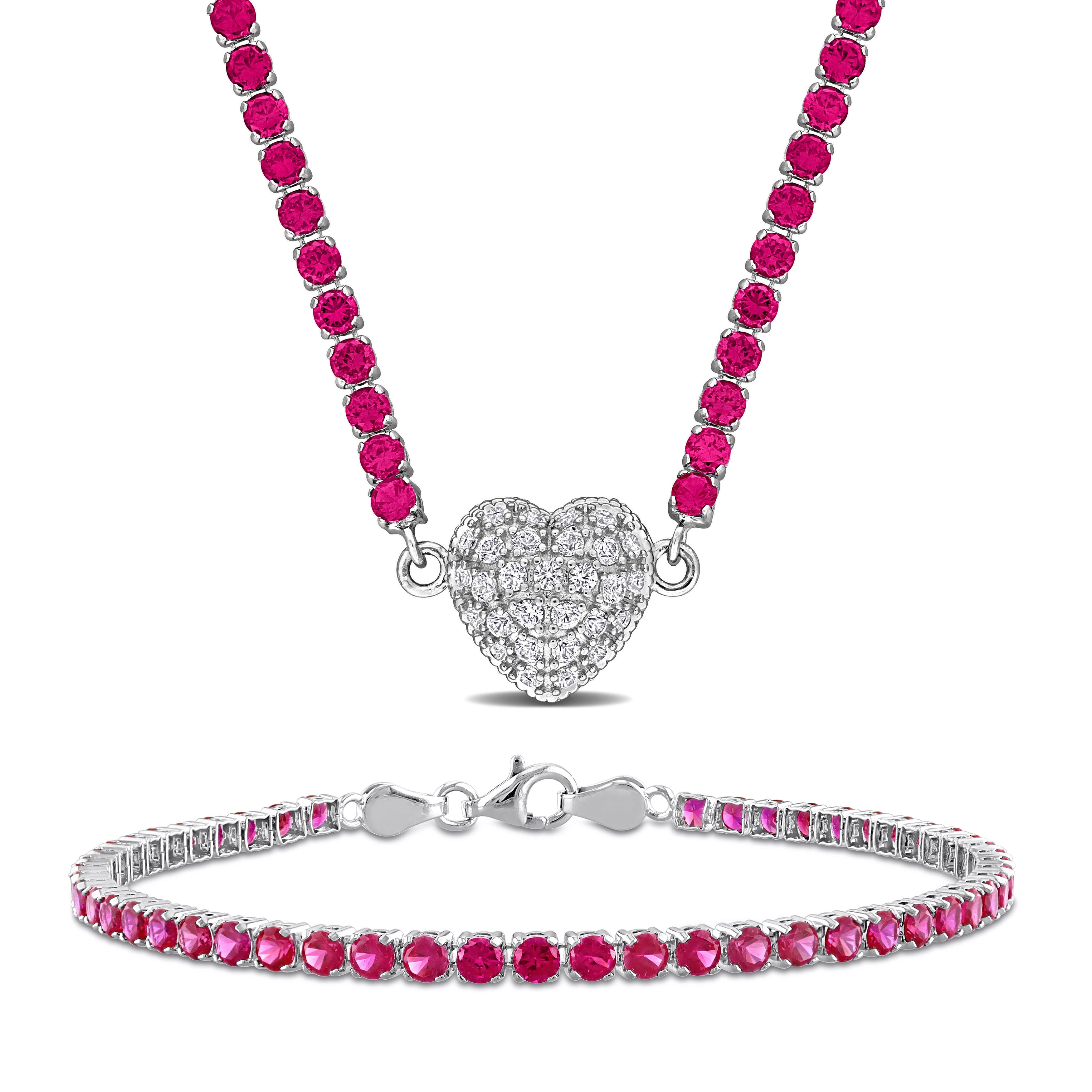 Miadora 19 1/3ct TGW Created Ruby Created White Sapphire Necklace Bracelet Set in Sterling Silver