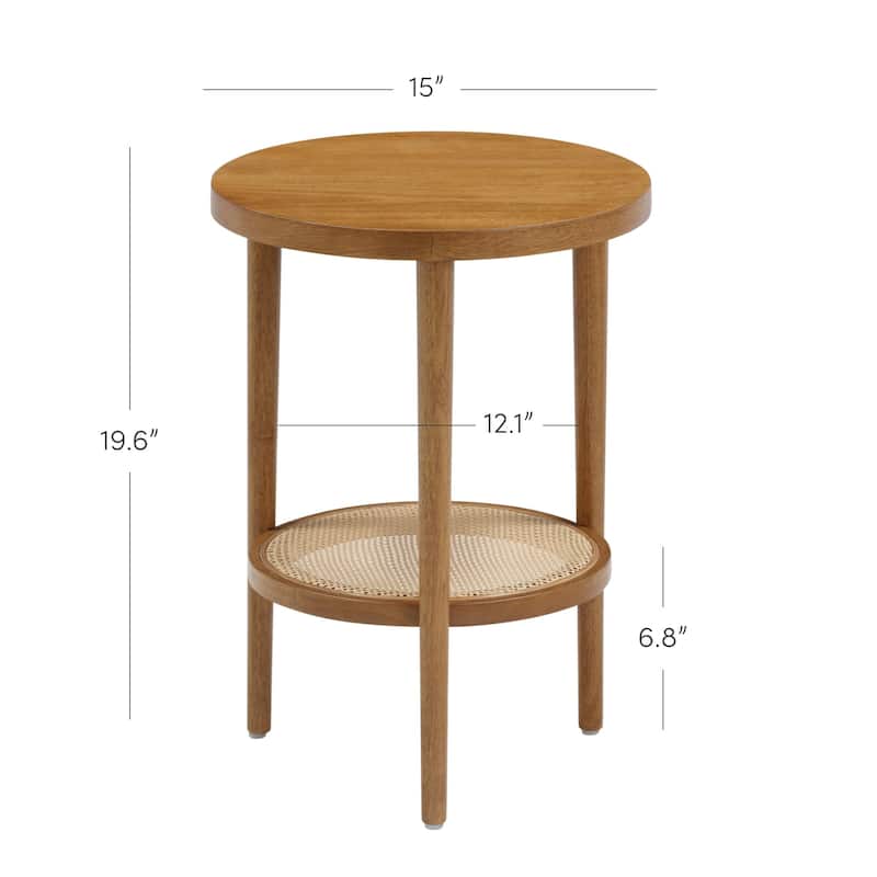 Nathan James Sonia Bohemian 2-Tier Round End Table in Light Wood With Rattan Storage Shelf