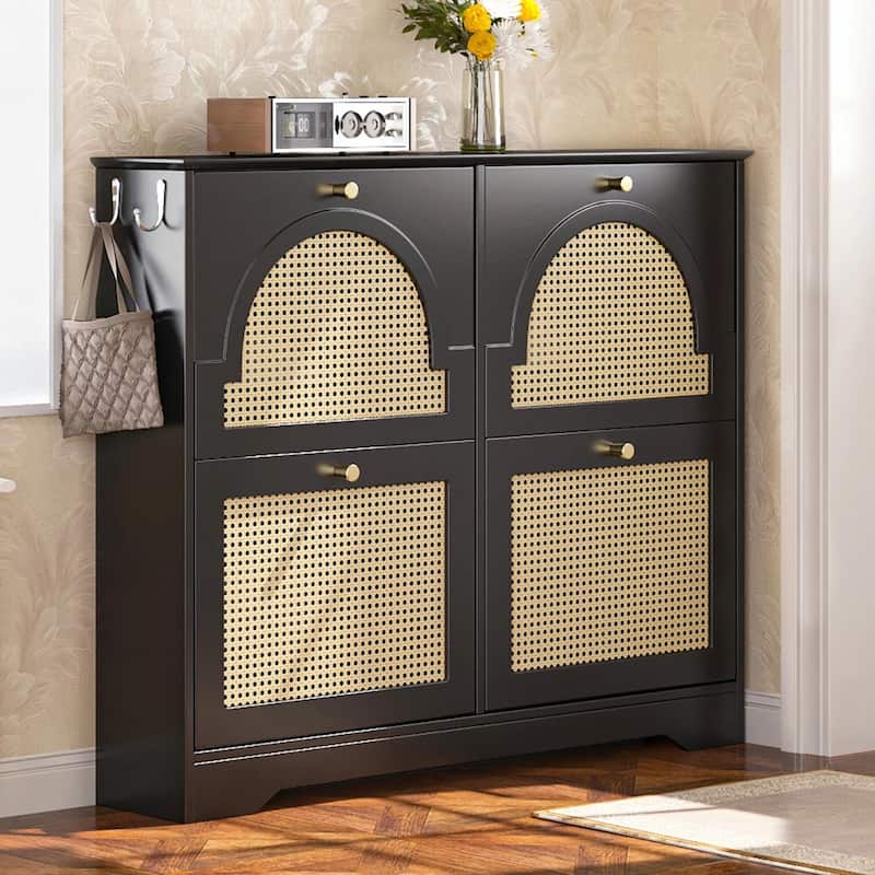 Mid-Century Narrow Design Tipping Bucket Shoe Cabinet with 4 Flip Drawers - Black