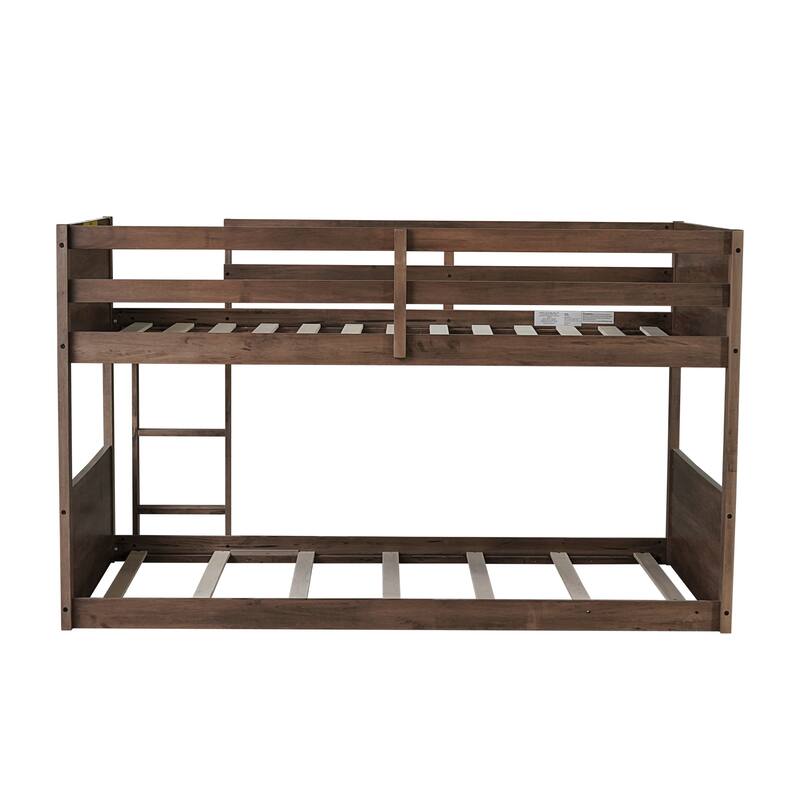 Twin over Twin Floor Bunk Bed w/ Headboard,Footboard,Safety Guardrails