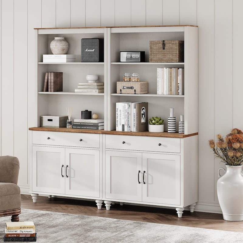 White Bookcase with Doors, Large Wood Farmhouse Book Case Shelf
