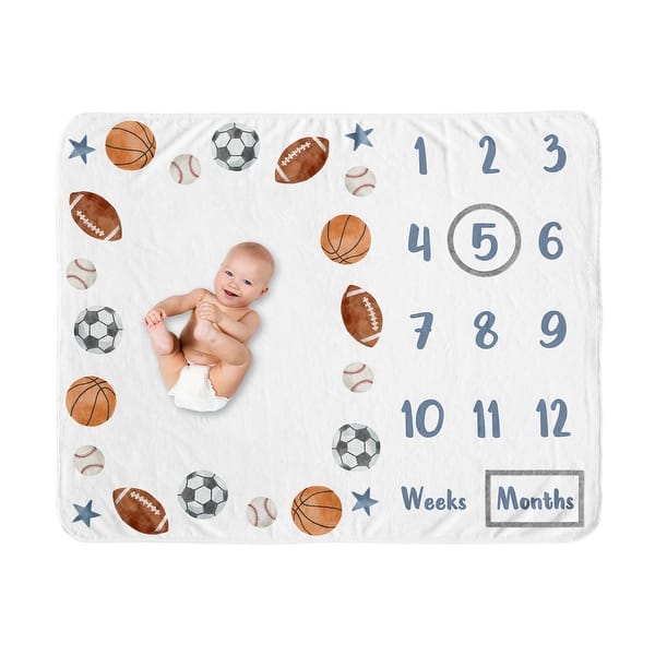 slide 2 of 6, Sweet Jojo Designs Sports Theme Boy Baby Monthly Milestone Blanket Watercolor Soccer Balls Football Baseball Basketball Stars