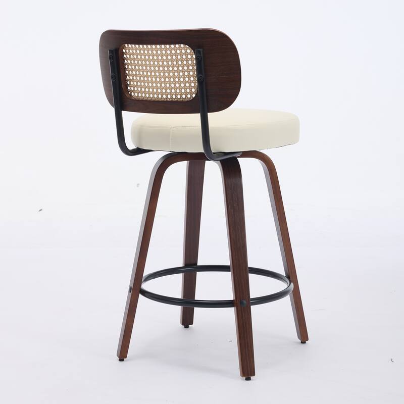 Set of 3 Counter Height Bar Stools - Rattan Counter Height Stools with Cane Back, Upholstered Seat, Swivel Counter Stools