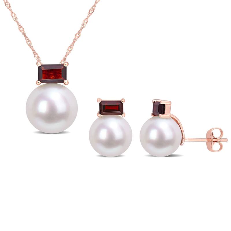 Miadora Cultured FW Pearl & Baguette-cut Garnet Earrings & Necklace Set in 10k Rose Gold (9-12mm)