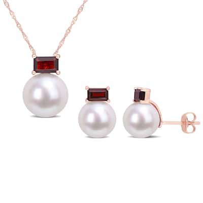 Miadora Cultured FW Pearl & Baguette-cut Garnet Earrings & Necklace Set in 10k Rose Gold (9-12mm)
