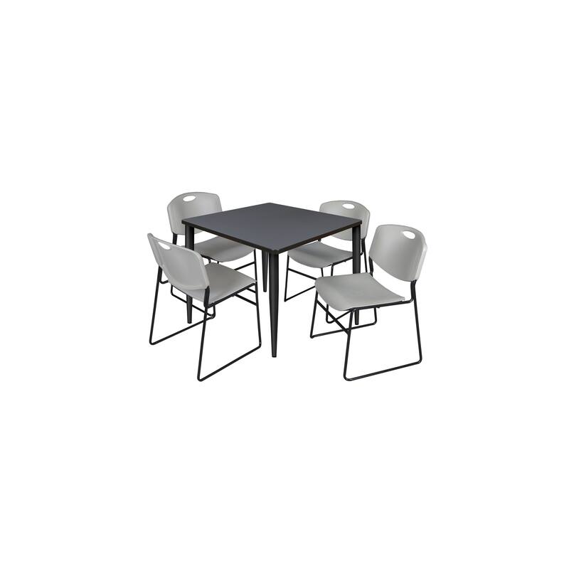 36 in. Square Breakroom Table- Grey Top, Black Base & 4 Stack Chairs- Grey - Grey, Black