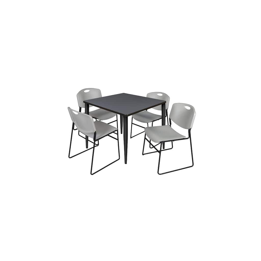 42 in. Square Breakroom Table- Grey Top, Black Base & 4 Stack Chairs- Grey - Grey, Black, Beige